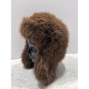 Vintage Brown Faux Fur Trapper Hat Women Ear Flaps Quilted Lining Toggle Button